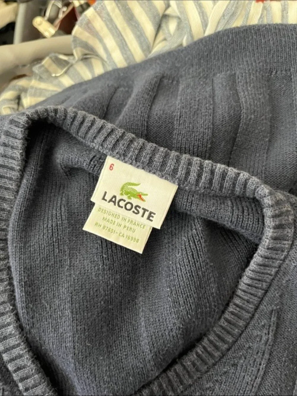 Lacoste Ribbed Striped V Neck Logo Long Sleeve Sweater